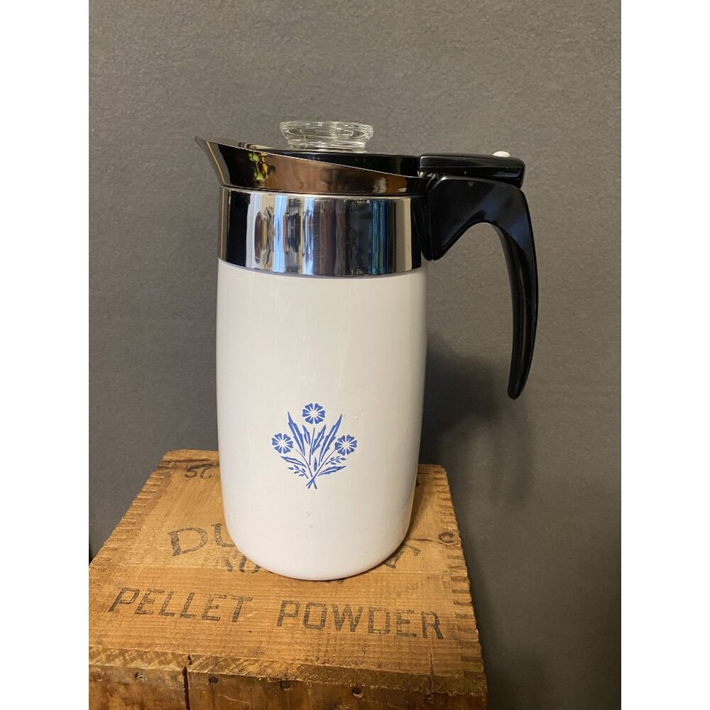 Vintage Blue Cornflower Thermos Carafe Glass Lid Handle 10.5" Tall White 10 cup
